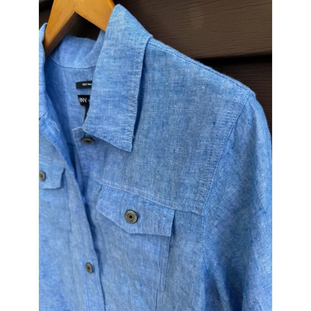 Jones New York Linen Jacket L Blue Jean Style Button Front Coastal Resort - Picture 3 of 15
